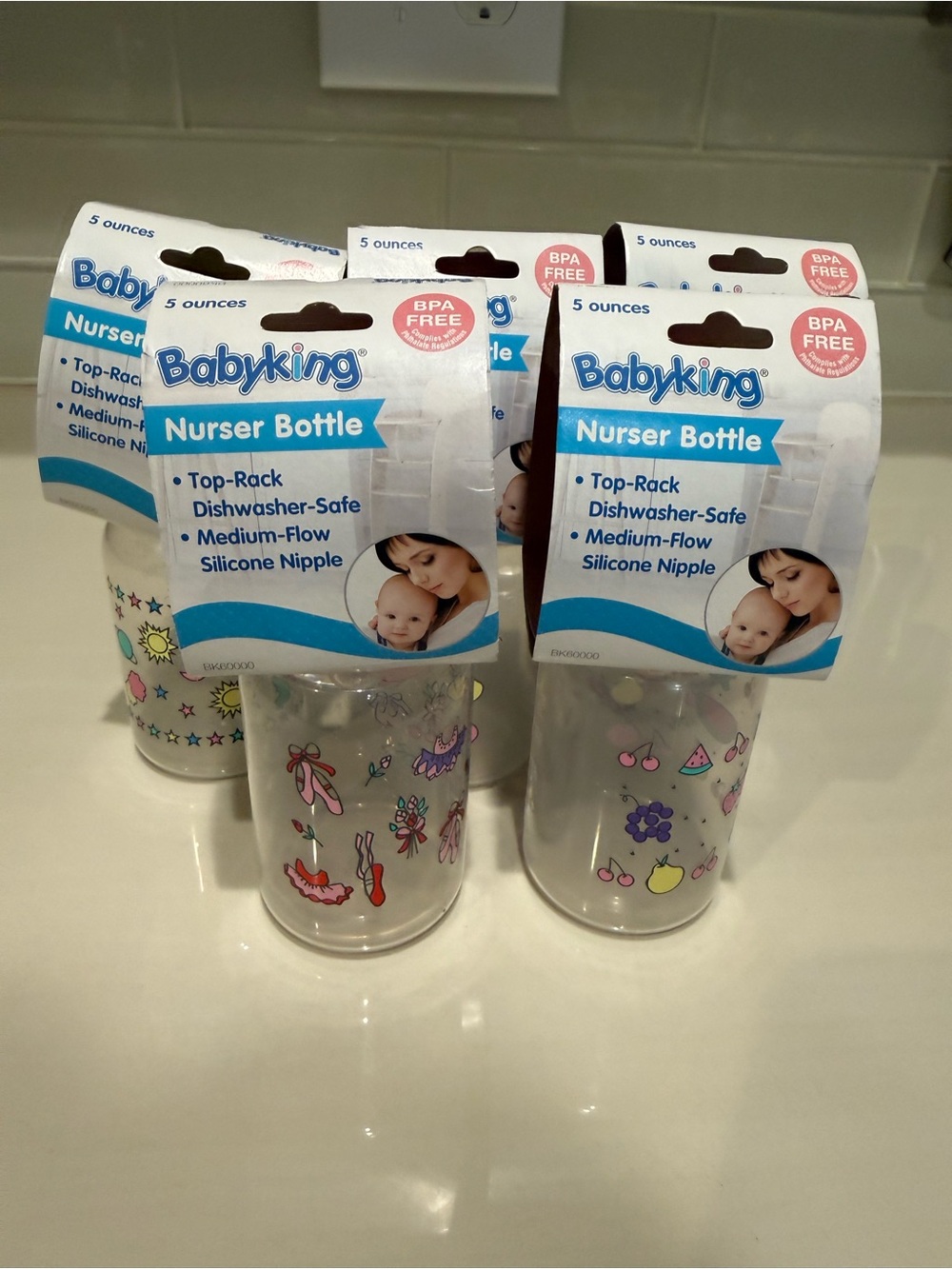 5oz Nurser Bottles -5 medium flow silicone nipple PBA free clear girl print